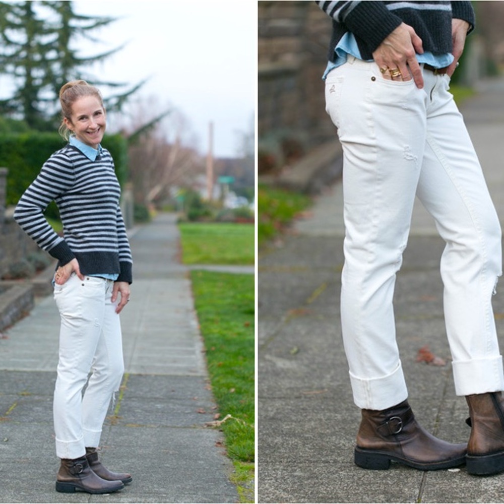 DL1961 Kate Slim Straight Jeans in White; distressed; size 24; Premium Denim